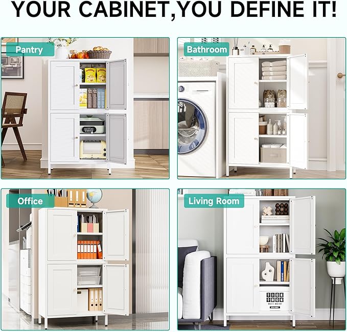 White Storage Cabinet with 4 Doors and 2 Adjustable Shelves,Narrow Food Pantry Cabinet with Leg,24 inch Wide Bathroom Cabinets,Small Metal Storage Cabinets for Home Kitchen,Dining/Living/Laundry/Room