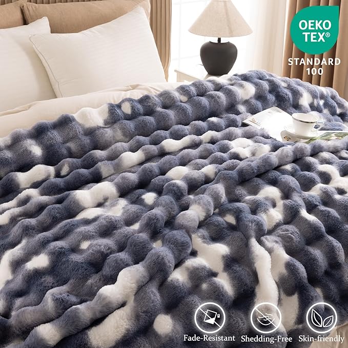 Cozy Faux Fur Throw Blanket for Bed Warm Fuzzy Throw Blanket, Soft Plush Thick Bubble Blankets for Bedroom and Living Room, Furry Luxury Blanket, 60 x 80,Tie-Dye Blue