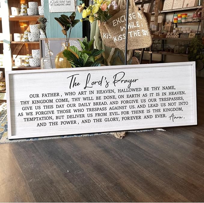 Our Father Prayer Bible Verse Framed Wall Art, 40''×15'' Rustic Religious Christian Lords Prayer Sign for God Jesus Christ Prayer, Horizontal Holy Inspirational Catholic Scripture Decor