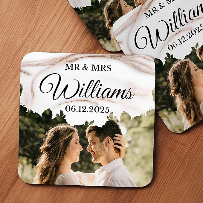 60 Pack Personalized Wedding Coasters, Custom Cardboard Coasters for Drinks with Photo Print and Text, Keepsake Wedding Favors and Gifts for Couples, 4x4 Square, Design 6