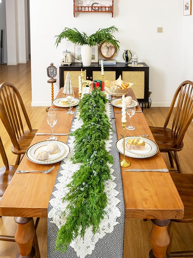 6FT Cedar Garland with Blue Berry Cypress Pine Garland Realistic for Mantle Stairs Fireplace Wall Window Front Door Indoor Outdoor Christmas Decor Xmas Decorations