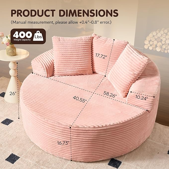 ovios 58" Oversized Round Chair Lounge Chaise Indoor, No Assembly Required, Cloud Large Circle Chair with Plush Fuax Fur, Fluffy Modern Sleeper Sofa Bed for Reading Yoga, Pink (Plush Corduroy Fabric)