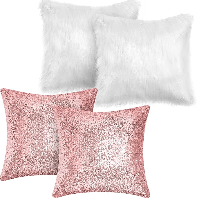 Irenare 4 Pcs Sequin and Fluffy Pillow Covers Winter Throw Pillow Cases Soft Cushion Cover for Couch Bed Sofa Xmas Day(18 x 18 Inch,Pink, White)