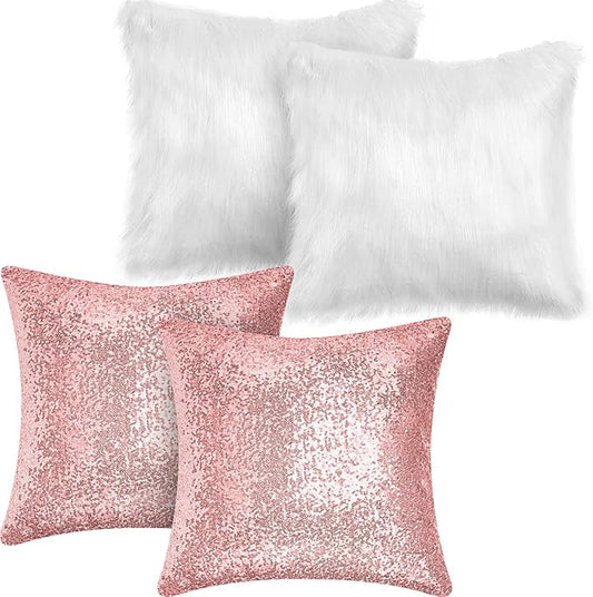 Irenare 4 Pcs Sequin and Fluffy Pillow Covers Winter Throw Pillow Cases Soft Cushion Cover for Couch Bed Sofa Xmas Day(18 x 18 Inch,Pink, White)