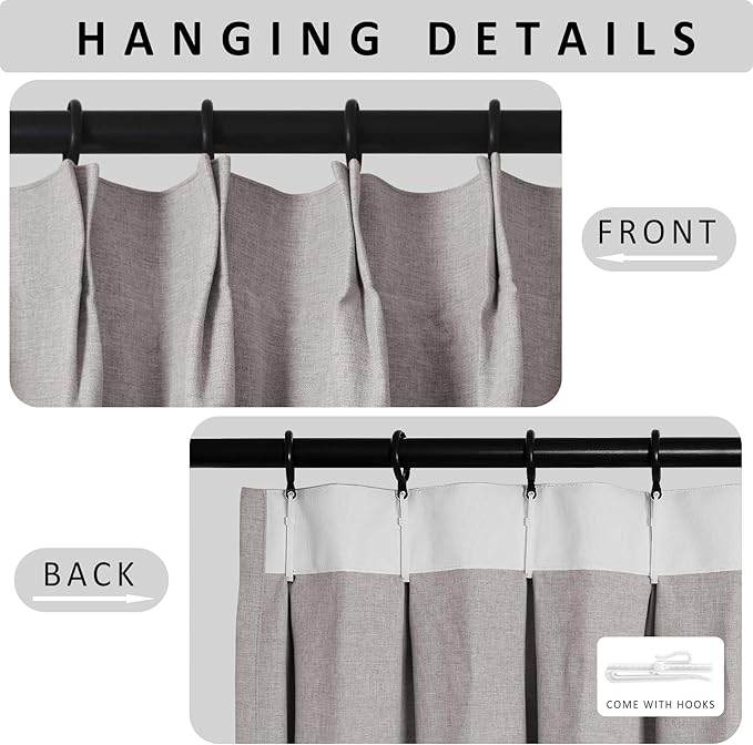 Macochico 100”Wx96”L Pinch Pleated 100% Blackout Linen Curtains Thermal Sliding Curtains for Bedroom Living Room Sliding Glass Door Farmhouse Shabby Chic Browish Grey Drapery with Tieback 1 Panel