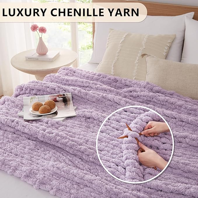 L Agusty Chunky Knit Blanket Throw: 72''x84'' Chenille Thick Knitted Throw Blanket for Bed, Couch - Handmade Large Purple Chunky Rope Blanket for Home Decor