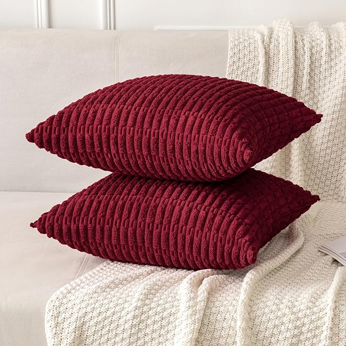 MIULEE Pack of 2 Christmas Burgundy Corduroy Decorative Pillow Covers 18x18 Inch Soft Boho Striped Throw Pillow Covers Modern Farmhouse Home Decor for Sofa Living Room Couch Bed