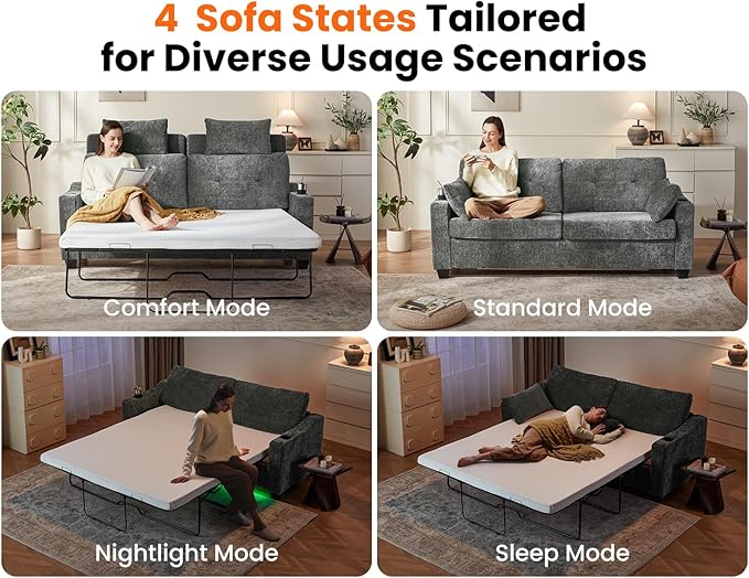 Pull Out Sofa Bed, Full Size Sleeper Sofa, 2-in-1 Convertible Corduroy Couch with USB Charging, Memory Form Couch for Living Room, Apartment and Small Space (Dark Grey, Chenille - Queen Size)