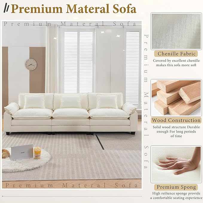 URRED Modular Sectional Sofa Comfy Cloud Couch, Modern Chenille Sofa Sleeper Deep Seat Couches with Ottoman/Pillows for Living Room (White, 117'')