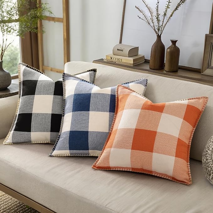 decorUhome Fall Orange and White Decorative Throw Pillow Covers 16x16 Set of 2, Buffalo Plaid Check Farmhouse Cushion Covers with Stitched Edge for Autumn Harvest Couch Sofa Bed Home Decor