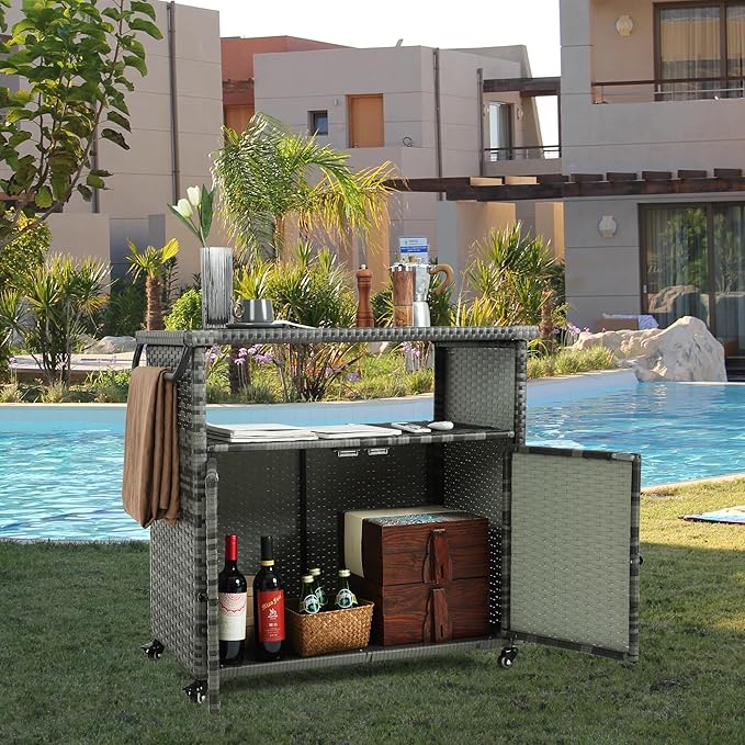 Wicker Outdoor Bar Cart - Gray Gradient Patio Console Storage Table Buffet Cabinet Serving Kitchen Cart with Wheels for Outside Backyard