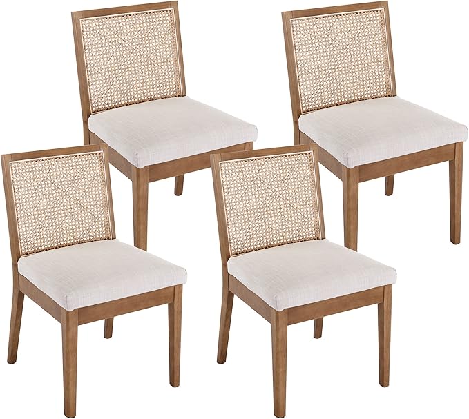 VESCASA Upholstered Dining Chairs with Square Rattan Back, Armless Padded Linen Cushion Dining Chairs with Wood Legs for Dining Room, Kitchen, Set of 4, Natural Frame