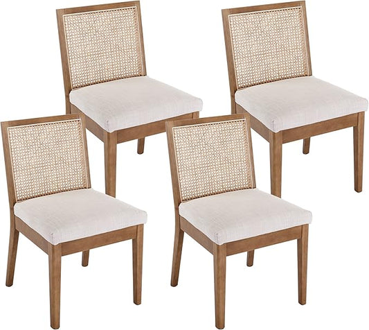 VESCASA Upholstered Dining Chairs with Square Rattan Back, Armless Padded Linen Cushion Dining Chairs with Wood Legs for Dining Room, Kitchen, Set of 4, Natural Frame