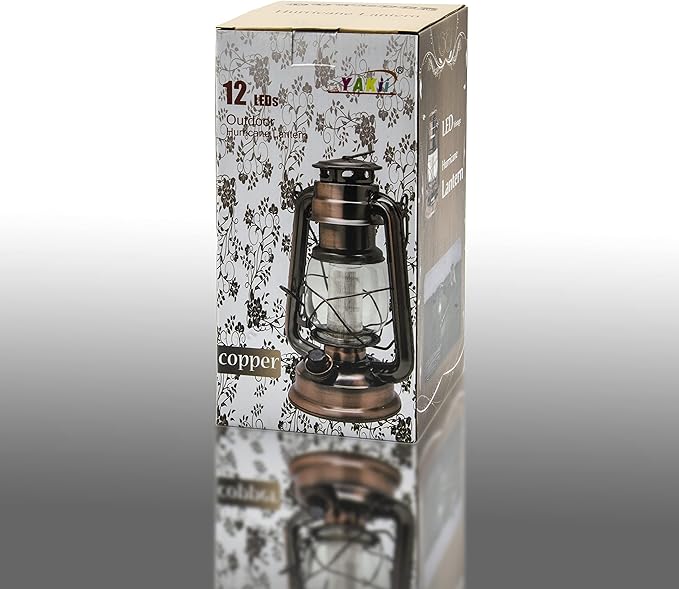 YAKii LED Vintage Lantern Metal Hanging Hurricane 12 LED Dimmer Switch Cold White Battery Operated Power Outage Indoor Camping Lighting Outdoor Brooklyn Decoration(Copper)