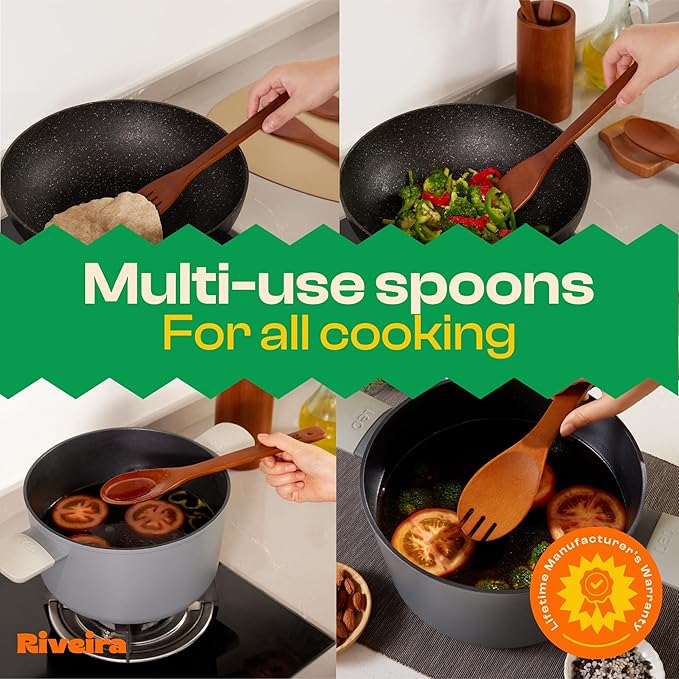 Riveira Premium Brown Bamboo Wooden Spoons for Cooking Set of 6 – Premium Brown Bamboo Wooden Cooking Utensils, Wooden Spatula, Wooden Spoon - Premium Quality Wooden Utensil Set for Non-Toxic Cooking