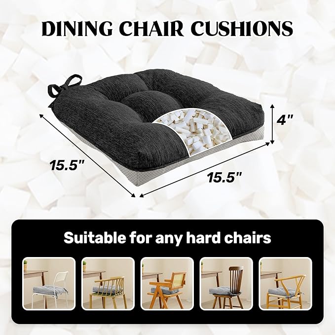 puredown® Chair Cushions for Dining Chairs, Tufted Memory Foam Chair Pads with Non-Slip Backing, Kitchen Seat Cushions with Ties, Washable Seat Pad Set of 4, 15.5" x 15.5" x 4", Black