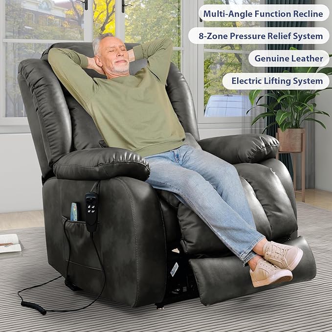 MAEVIS Large Genuine Leather Power Lift Recliner Chair, Dual Motor Recliner for Elderly,Extended Footrest and Lumbar Pillow for Tall Man,with Heat and Massage, USB and Type-C Ports(Silver Gray)