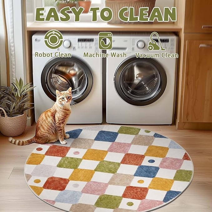 jinchan Round Rug 4ft Kids Washable Rug Indoor Floor Cover Non-Slip Soft Modern Elementary School Classroom Colorful Diamond Carpet for Nursery Daycare Bedroom Playroom Living Room Circus on Cream