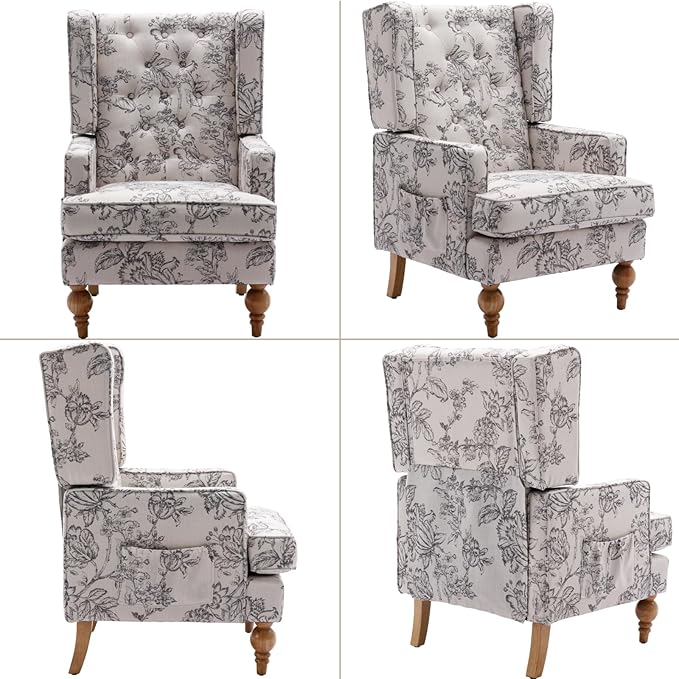 Mid-Century Accent Chair, Upholstered Arm Chair Linen Fabric Side Chair with High Back Solid Wooden Legs, Comfy Reading Chair for Living Room Bedroom, Floral Pattern