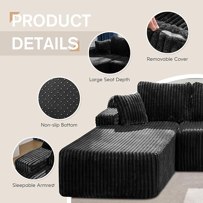 Hobestluk Modular Sectional Sofa Couches 108" L-Shape Couch 3 Seat Modular Sofa Memory Foam Sectional Couches for Living Room, Boneless Couch with Oversized Chaise (Black, Left Facing)