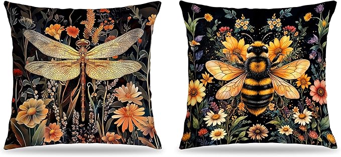 William Morris Inspired Wildflower Dragonfly Bee Pillow Covers 18x18 Set of 2, Vintage Dark Cottagecore Floral Botanical Insects Decorative Throw Pillow Covers for Home Bedroom Living Room