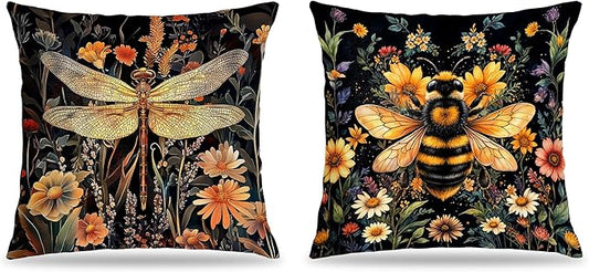 William Morris Inspired Wildflower Dragonfly Bee Pillow Covers 18x18 Set of 2, Vintage Dark Cottagecore Floral Botanical Insects Decorative Throw Pillow Covers for Home Bedroom Living Room
