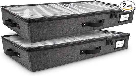 HOMELUX THEORY 2pc Low Profile Under Bed Storage Containers, Thin Under Couch Storage Organizer with Bins & Lids, Underbed Storage Box Ideal for Seasonal Clothes, Blankets, Fabric & Shoes (Dark Gray)