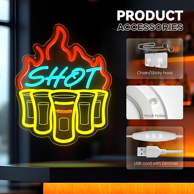 Shot Neon Signs for Wall Decor, Bar Neon Sign, Dimmable Acrylic LED Lights for Home Bar Pub Club Bistro Man Cave Restaurant Party Decorations Gift