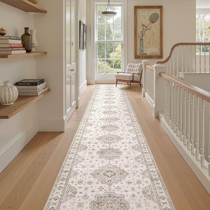 Washable 3x20 Runner Rug - Area Rugs Neutral Vintage Distressed Floral Farmhouse Boho Large Soft Floor Rug Indoor Carpet for Hallway Entryway Home - Beige Brown