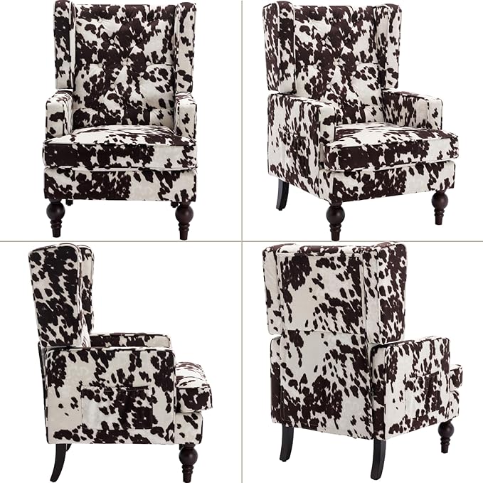 Mid-Century Accent Chair, Upholstered Arm Chair Linen Fabric Side Chair with High Back Solid Wooden Legs, Comfy Reading Chair for Living Room Bedroom, Milk Cow