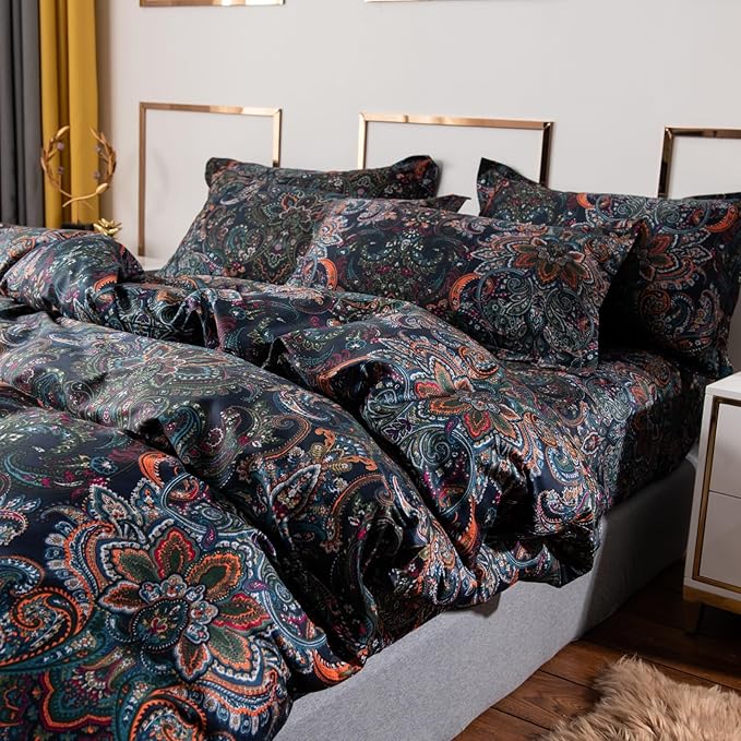 ABREEZE Luxury Vintage Black Duvet Cover Sets Damask Paisley Bedding Set Retro 100% Brushed Cotton Zipper Closure Bedding Collection King Size