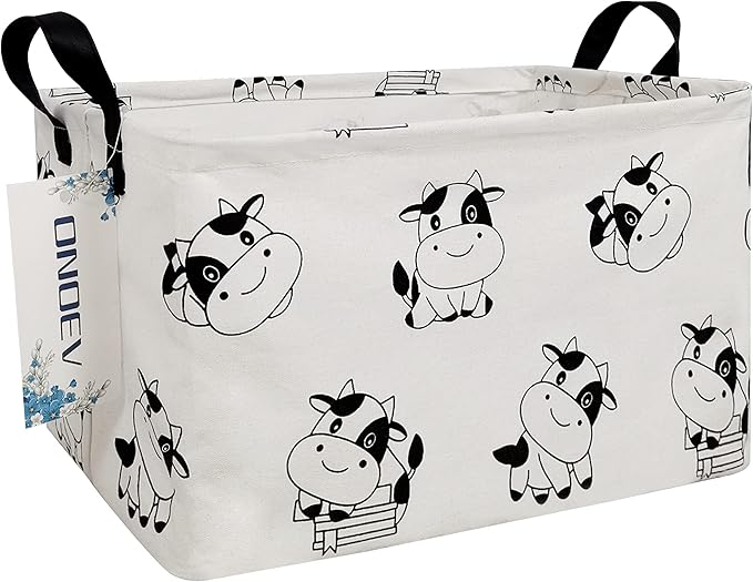 Rectangular Folding Laundry Basket,Canvas Basket,Nersury Hamper,Suitable for Children,Office,Bedroom,Clothes,Toys Storage (REC Cow), 14.9’’L ×10.2’’W×9.05’’H inches