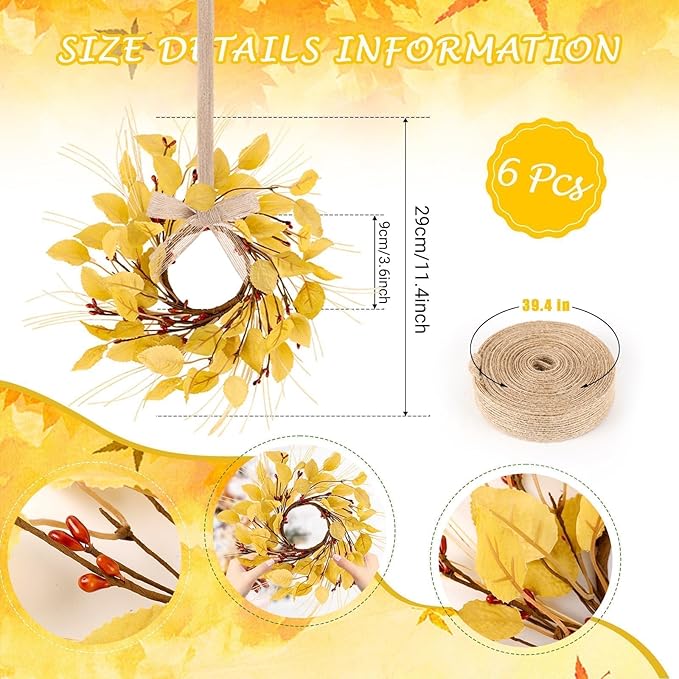 6 Pcs Fall Eucalyptus Leaves Wreaths for Kitchen Cabinets 3 Inch Front Door Mini Autumn Candle Rings Wreath with Red Berries Artificial Farmhouse Hanging Swags Wreath for Thanksgiving Window Decor