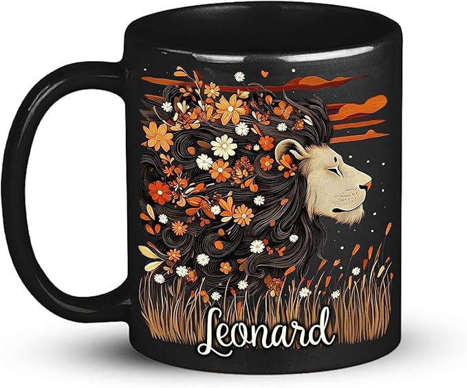 Personalized Lion Lover Cup with Vibrant Floral, Custom Name Coffee Mug 11oz or 15oz, Custom Nature Inspired Ceramic Cup, Artistic Lion Black Coffee Mug, Gifts for Women, Men