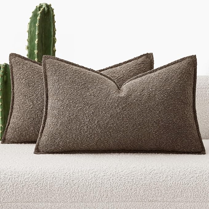 MIULEE Pack of 2 Decorative Textured Boucle Throw Pillow Covers 12x20 Inch Dark Brown Broadside Thick Boho Lumbar Pillows for Farmhouse Accents Sofa Couch Bedroom Living Room Home Decor
