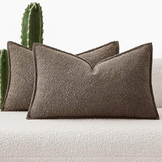 MIULEE Pack of 2 Decorative Textured Boucle Throw Pillow Covers 12x20 Inch Dark Brown Broadside Thick Boho Lumbar Pillows for Farmhouse Accents Sofa Couch Bedroom Living Room Home Decor