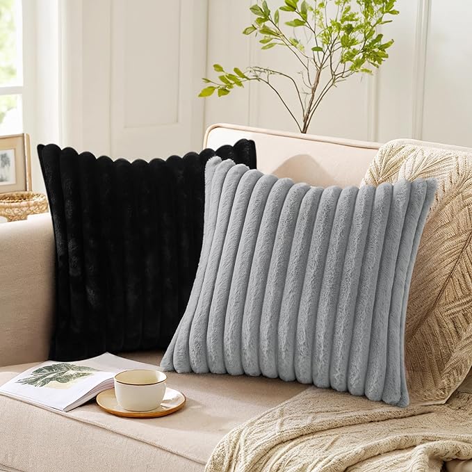 Pallene Faux Fur Plush Throw Pillow Covers 20x20 Set of 2, Luxury Soft Fluffy Striped Decorative Pillow Covers for Sofa, Couch, Living Room, Black