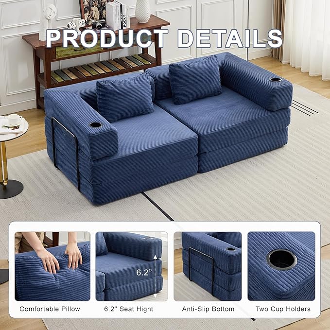 78" W Loveseat Sofa, 4 in 1 Convertible Floor Sofa Bed, Boneless Cloud Couch with Cup Holder, Fold Out Floor Couch, Loveseat Recliner Sleeper for Living Room Bedroom Lounge(Corduroy, White)