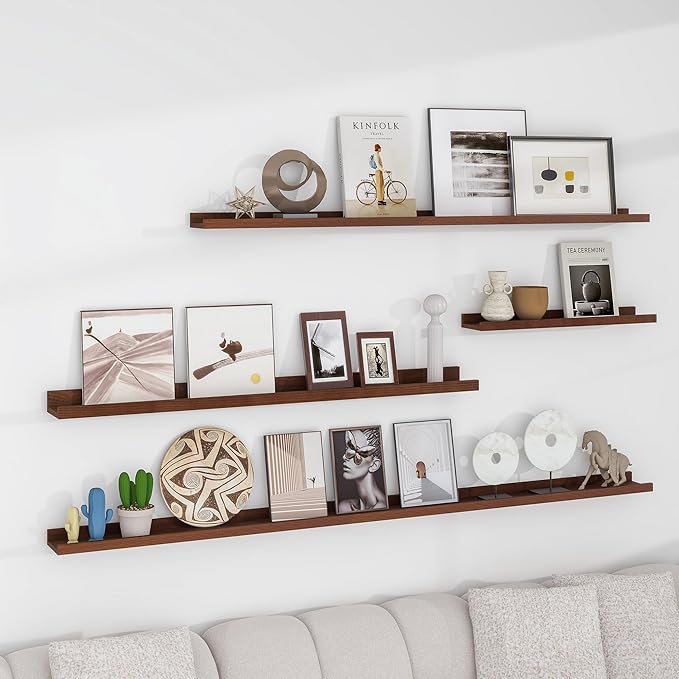 Solid Ash Wood Picture Ledge Shelf, Floating Shelves Set of 2, 56 Inch Long Large Ledge Shelves, Nursery Book Shelves Wall Mounted for Living Room Bedroom Kitchen Decor Kids Bookshelf, Walnut