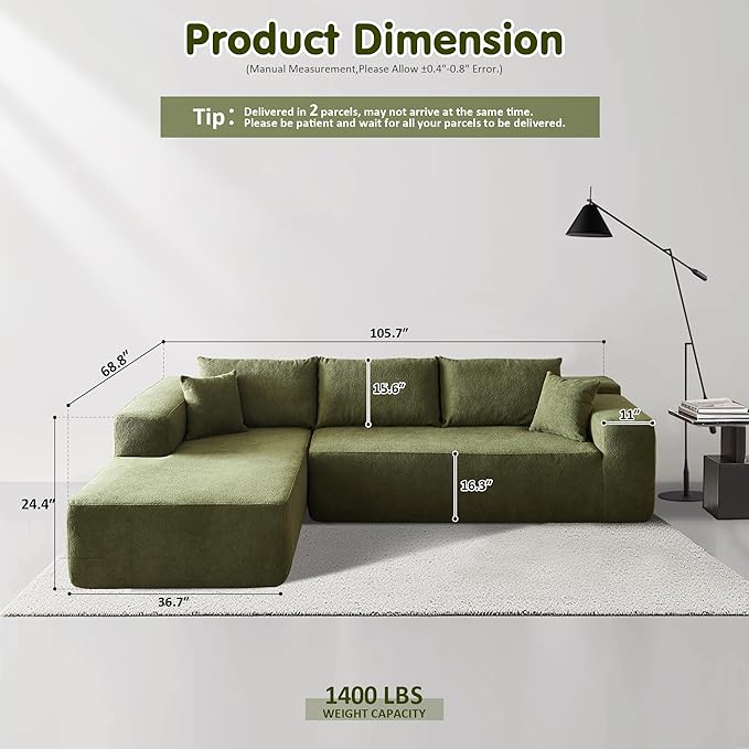 ovios 104" Cloud Sectional Couch with L-Shape Chaise,Modern Modular Sofa with Deep Seat, Upholstered Couches for Living Room Bedroom,No Assembly Required, Green (Cloud Velvet)