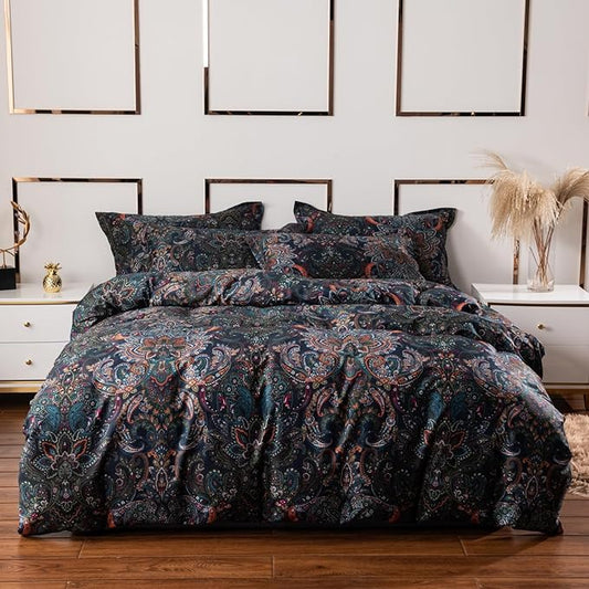ABREEZE Luxury Vintage Black Duvet Cover Sets Damask Paisley Bedding Set Retro 100% Brushed Cotton Zipper Closure Bedding Collection King Size