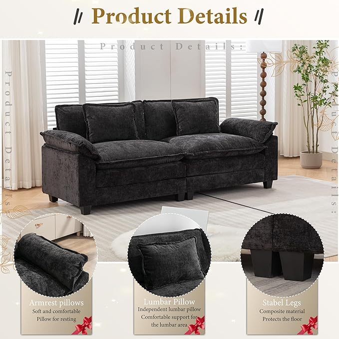 URRED Modular Sectional Sofa Comfy Cloud Couch, Modern Chenille Sofa Sleeper Deep Seat Couches with Ottoman/Pillows for Living Room (Black, 82.6'')