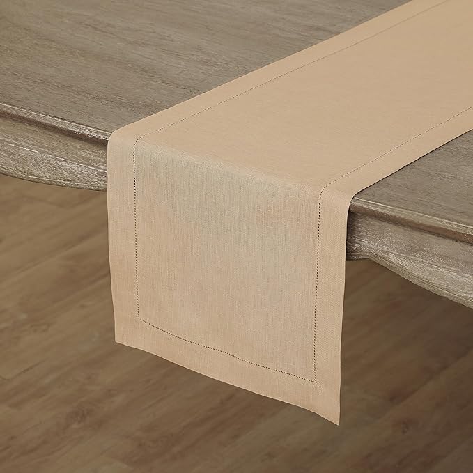 Solino Home Linen Hemstitch Table Runner 60 Inches - 100% Pure Linen Beige Table Runner 14 x 60 Inch Ideal for Dresser and Coffee Tables - Fall, Autumn, Thanksgiving - Classic Hemstitch