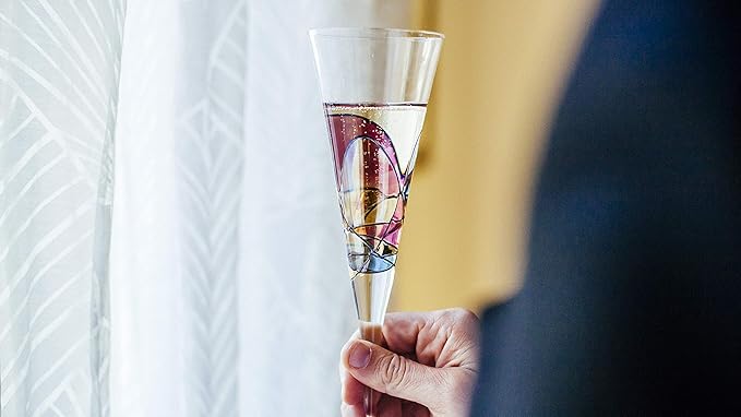 Victoria Barcelona Champagne Flute - 7.5 Oz Mouth-Blown Hand Painted, Antoni Gaudi & Murano Inspired Artistic Unique Gift Ideas Anniversary, Birthday, Weddings, Women & Men (2, Sagrada Red)