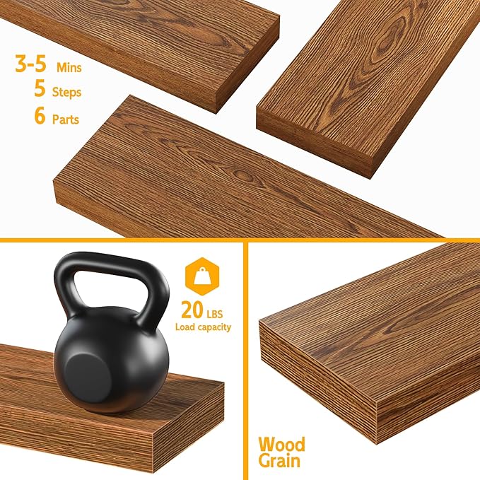 BAMEOS Floating Shelves, American Oak Wall Mounted Wooden Shelves with Invisible Brackets Set of 2, Hanging Wall Shelves Decoration for Bedroom, Bathroom, Living Room and Kitchen