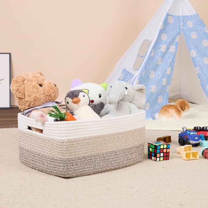 Large Storage Baskets for Organizing, Closet Shelf Baskets for Clothes Blanket Towels, Baby Nursery, Toy Bins Box, Woven Rope Basket, 17 x 13 x 7.5”, 3 Packs Gradient Brown