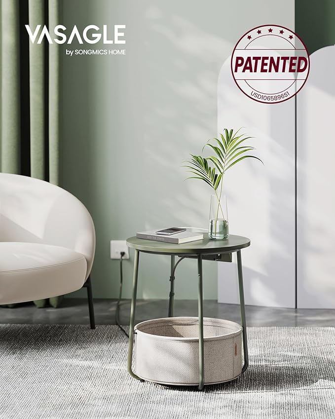 VASAGLE Side Table with Charging Station, Round End Table with Fabric Basket, Nightstand with Power Outlets, USB Ports, for Living Room, Bedroom, Modern, Forest Green and Cream White ULET228C04
