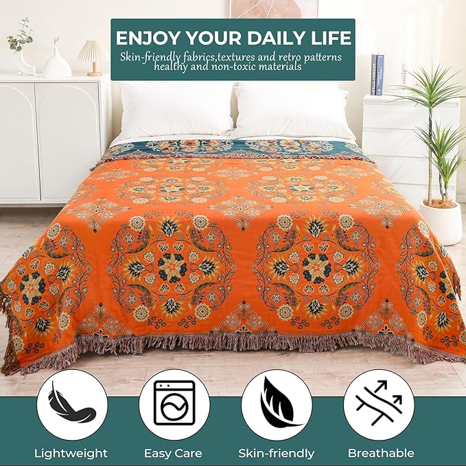 Fall Throw Blanket for Couch Bed Chair,100% Cotton Soft Lightweight Blanket Rustic Quilt -Orange Floral Printed Farmhouse Decor Bed All Season Blankets,60"×80"