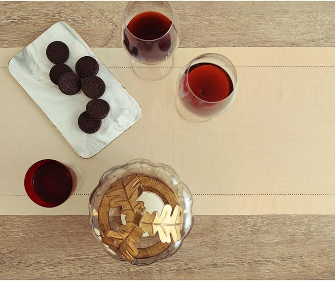 Solino Home Linen Beige Table Runner 120 Inches Long - 100% Pure Linen 14 x 120 Inch Table Runner for Fall, Autumn, Thanksgiving - Classic Hemstitch