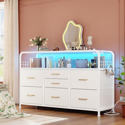 TV Stand for Bedroom with LED Lights & Charging Station, 7 Drawer with Open Shelf, Media Console for Living Room & Chest of Drawers for Closet, Entryway, Hallway, 4 Hooks, White